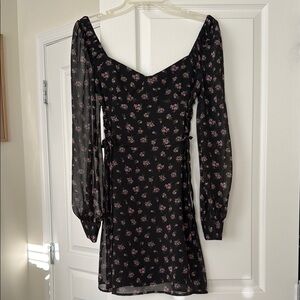 Floral Black Chiffon Dress with Long Sleeves